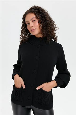 DİK YAKA CEPLİ SİYAH KADIN CEKET 24046-DY-2K5