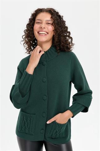 DİK YAKA CEPLİ YEŞİL KADIN CEKET 24046-DY-2K5