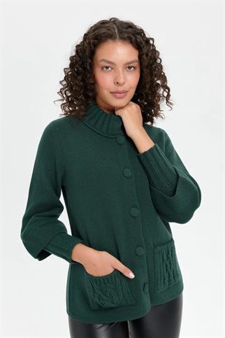 DİK YAKA CEPLİ YEŞİL KADIN CEKET 24046-DY-2K5