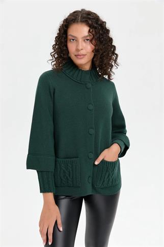DİK YAKA CEPLİ YEŞİL KADIN CEKET 24046-DY-2K5