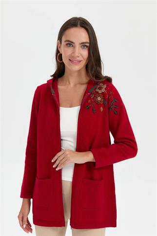 KAPÜŞONLU OMUZU İŞLEMELİ KIRMIZI KADIN CEKET 24080-2K5