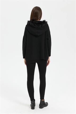 KAPÜŞONLU FERMUARLI SİYAH KADIN CEKET 24082-2K5