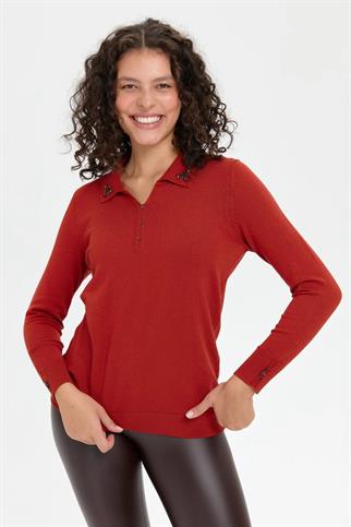 POLO YAKA İŞLEMELİ KİREMİT KADIN BLUZ 24092-PY-2K5