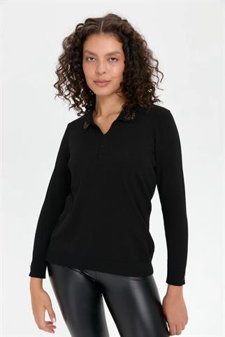POLO YAKA İŞLEMELİ SİYAH  KADIN BLUZ 24092-PY-2K5