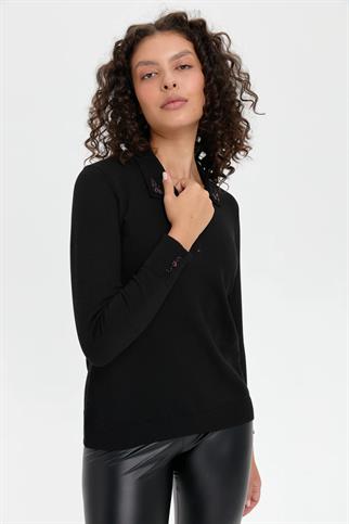 POLO YAKA İŞLEMELİ SİYAH  KADIN BLUZ 24092-PY-2K5