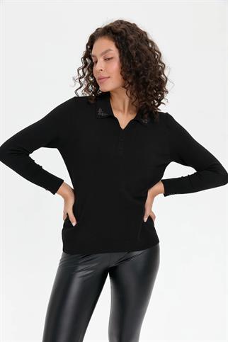 POLO YAKA İŞLEMELİ SİYAH  KADIN BLUZ 24092-PY-2K5