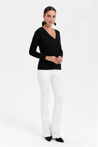 V YAKA UZUN KOLLU SİYAH KADIN CEKET  24181-VY-2K5