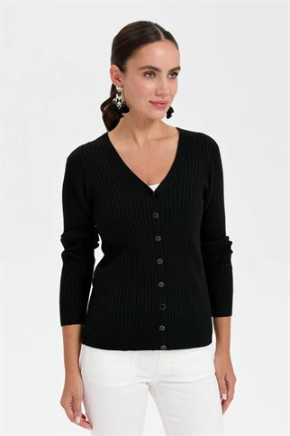 V YAKA UZUN KOLLU SİYAH KADIN CEKET  24181-VY-2K5