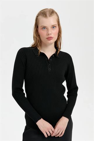 POLO YAKA DİKİŞSİZ SİYAH KADIN KAZAK 24182-PY-2K5