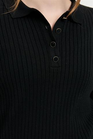 POLO YAKA DİKİŞSİZ SİYAH KADIN KAZAK 24182-PY-2K5