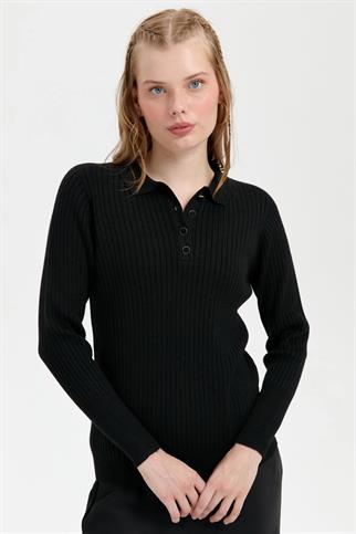 POLO YAKA DİKİŞSİZ SİYAH KADIN KAZAK 24182-PY-2K5