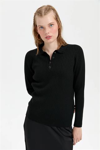 POLO YAKA DİKİŞSİZ SİYAH KADIN KAZAK 24182-PY-2K5