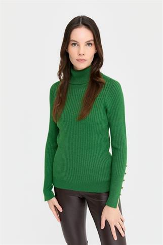 BALIKÇI YAKA KOLLARI DÜĞMELİ YEŞİL KADIN KAZAK 24184-TB-2K5