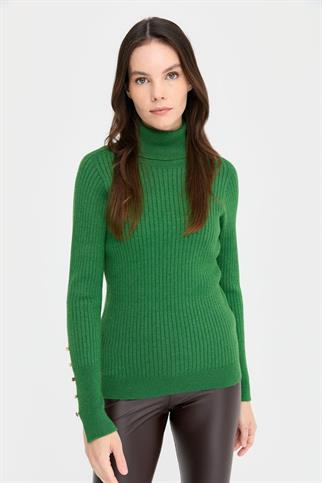 BALIKÇI YAKA KOLLARI DÜĞMELİ YEŞİL KADIN KAZAK 24184-TB-2K5