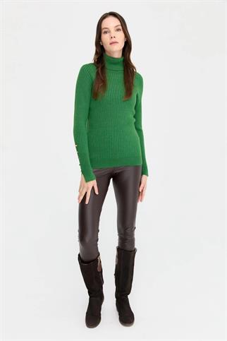 BALIKÇI YAKA KOLLARI DÜĞMELİ YEŞİL KADIN KAZAK 24184-TB-2K5