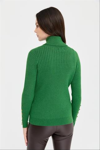BALIKÇI YAKA KOLLARI DÜĞMELİ YEŞİL KADIN KAZAK 24184-TB-2K5