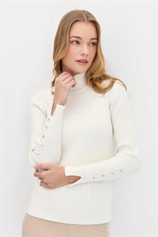 BALIKÇI YAKA KOLLARI DÜĞMELİ KEMİK KADIN KAZAK 24184-TB-2K5