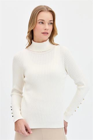 BALIKÇI YAKA KOLLARI DÜĞMELİ KEMİK KADIN KAZAK 24184-TB-2K5