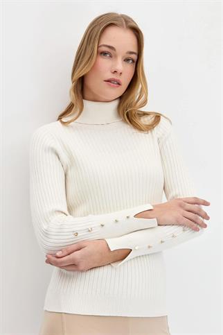 BALIKÇI YAKA KOLLARI DÜĞMELİ KEMİK KADIN KAZAK 24184-TB-2K5