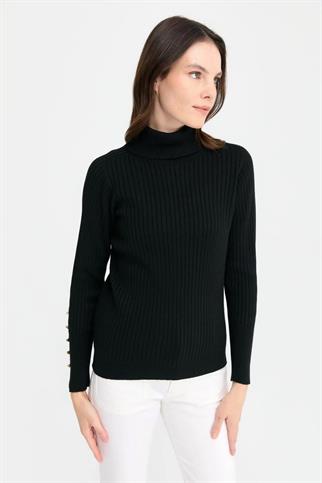 BALIKÇI YAKA KOLLARI DÜĞMELİ SİYAH KADIN KAZAK 24184-TB-2K5