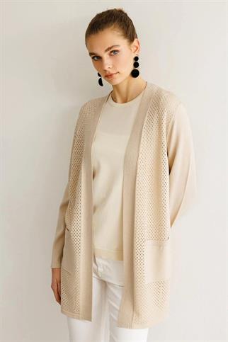 Delikli Araboy Yazlık Triko Bej  Hırka 25352-2Y5