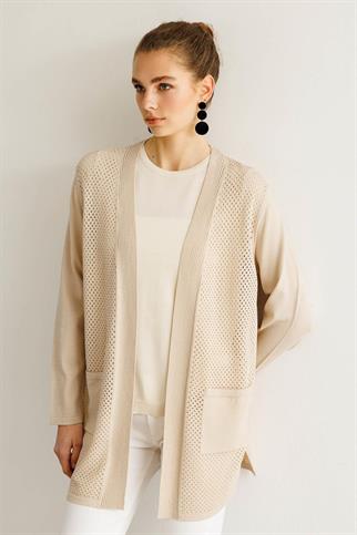 Delikli Araboy Yazlık Triko Bej  Hırka 25352-2Y5