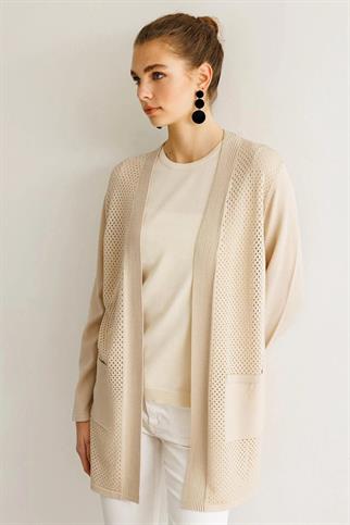 Delikli Araboy Yazlık Triko Bej  Hırka 25352-2Y5