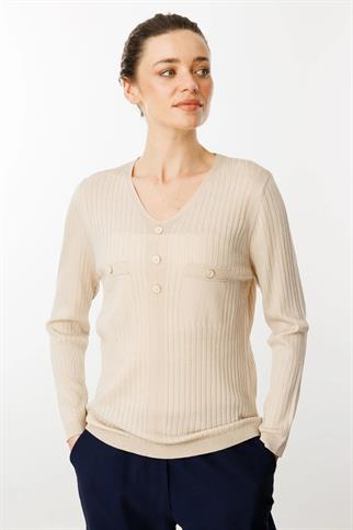 V Yaka Fitilli Bej Kadın Bluz 25353-VY-2Y5
