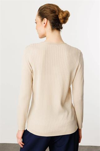 V Yaka Fitilli Bej Kadın Bluz 25353-VY-2Y5