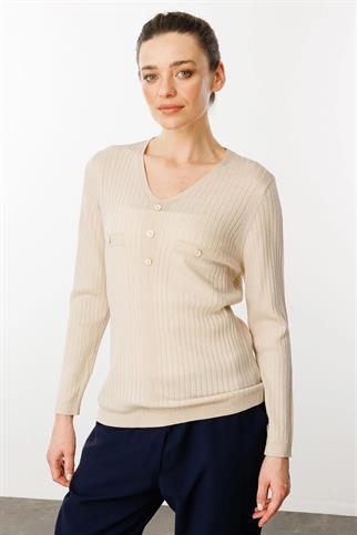 V Yaka Fitilli Bej Kadın Bluz 25353-VY-2Y5