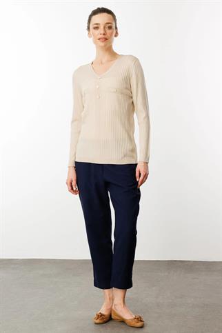 V Yaka Fitilli Bej Kadın Bluz 25353-VY-2Y5