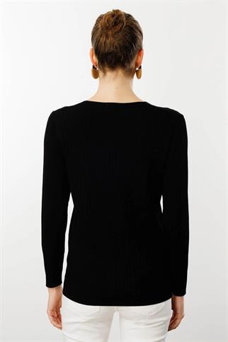 V Yaka Fitilli Siyah Kadın Bluz 25353-VY-2Y5