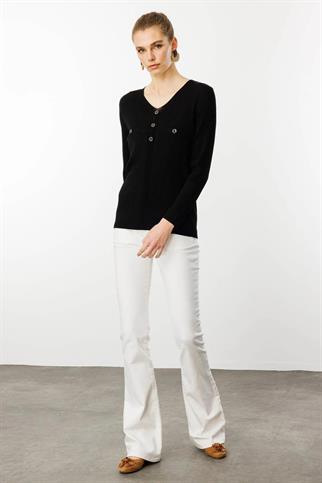 V Yaka Fitilli Siyah Kadın Bluz 25353-VY-2Y5