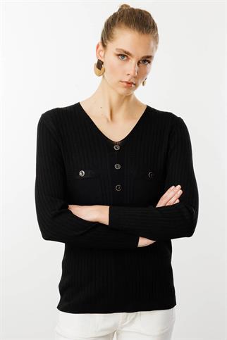 V Yaka Fitilli Siyah Kadın Bluz 25353-VY-2Y5