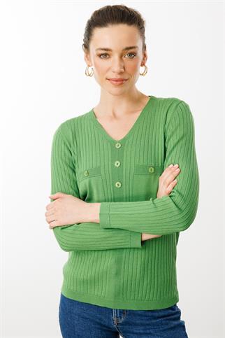 V Yaka Fitilli Yeşil Kadın Bluz  25353-VY-2Y5