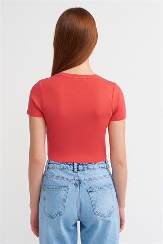 Bisiklet Yaka Kısa Kol Crop Kırmızı Kazak 10357-2Y4