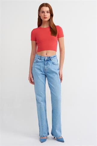 Bisiklet Yaka Kısa Kol Crop Kırmızı Kazak 10357-2Y4