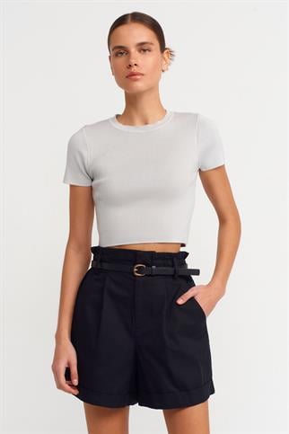 Bisiklet Yaka Kısa Kol Crop Gri Kazak 10357-2Y4