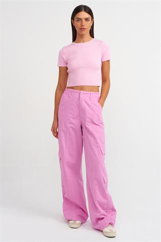 SIFIR YAKA KISA KOLLU TOZ PEMBE KADIN T-SHİRT 10357-2Y5