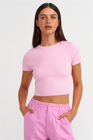 SIFIR YAKA KISA KOLLU TOZ PEMBE KADIN T-SHİRT 10357-2Y5