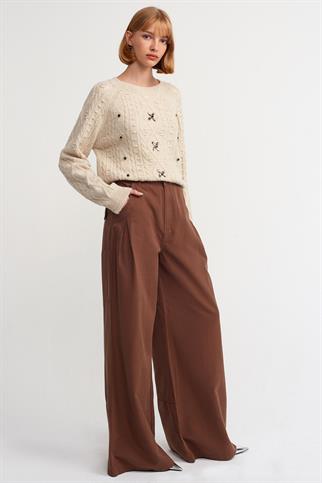 Bisiklet Yaka Önü Taş İşlemeli Bej Kadın Kazak 10462-2K5