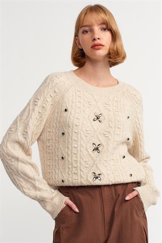 Bisiklet Yaka Önü Taş İşlemeli Bej Kadın Kazak 10462-2K5