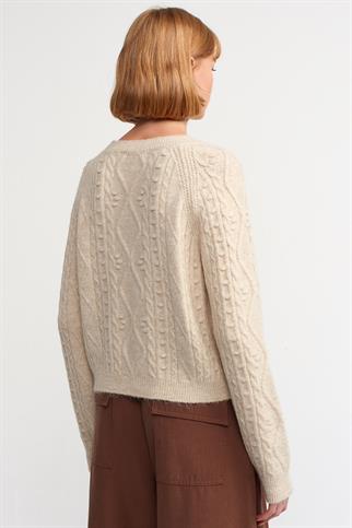 Bisiklet Yaka Önü Taş İşlemeli Bej Kadın Kazak 10462-2K5