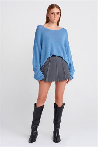 SIFIR YAKA UZUN KOLLU MAVİ KADIN T-SHİRT  10706-2Y5