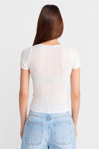 KISA KOLLU DANTEL DOKULU EKRU  KADIN BLUZ 10755-2Y5