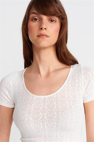 KISA KOLLU DANTEL DOKULU EKRU  KADIN BLUZ 10755-2Y5