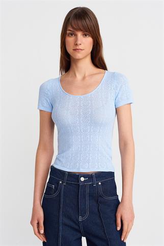 KISA KOLLU DANTEL DOKULU MAVİ  KADIN BLUZ 10755-2Y5