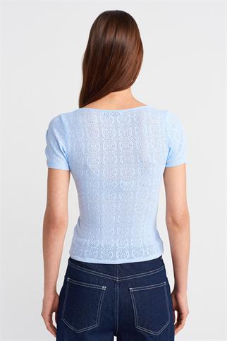 KISA KOLLU DANTEL DOKULU MAVİ  KADIN BLUZ 10755-2Y5