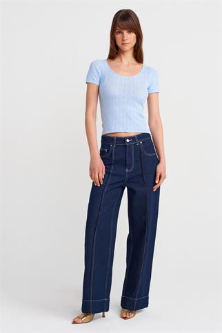 KISA KOLLU DANTEL DOKULU MAVİ  KADIN BLUZ 10755-2Y5