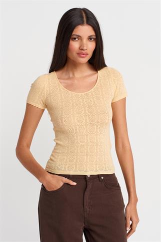 KISA KOLLU DANTEL DOKULU SARI KADIN  BLUZ  10755-2Y5